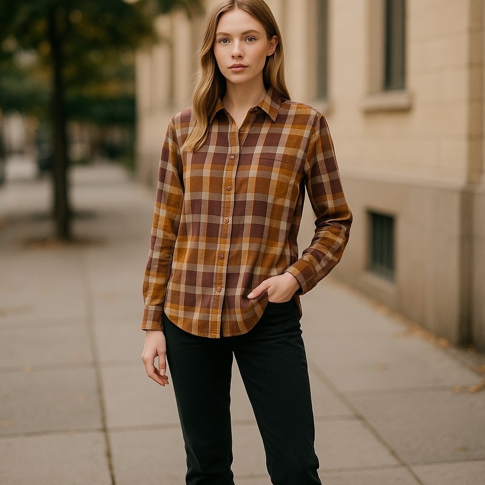 Vintage Par Four Sporting Collection Brown and Purple Plaid Casual Button Down